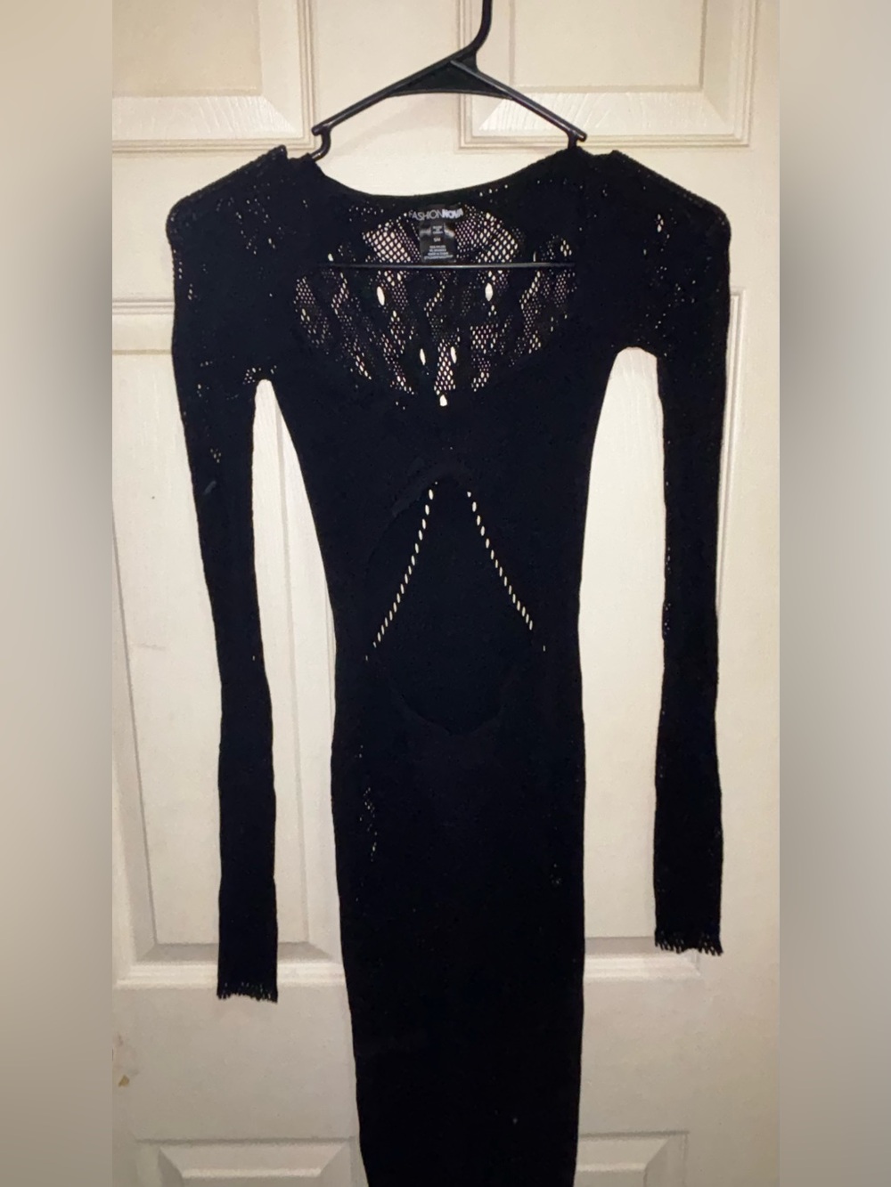Fashion Nova Black Open-Weave Long Sleeve Bodycon Dress